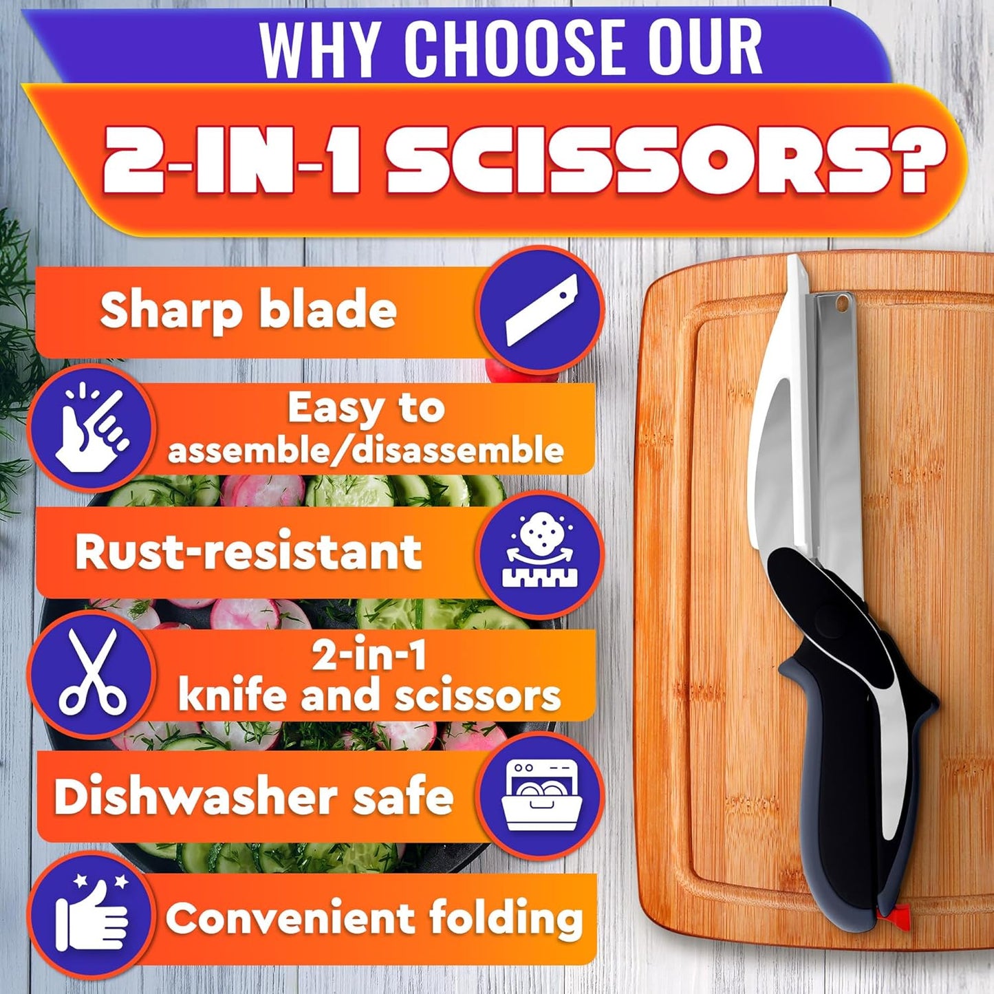 Kitchen Scissors for Food – 2-in-1 Cutting Board Scissors & Knife