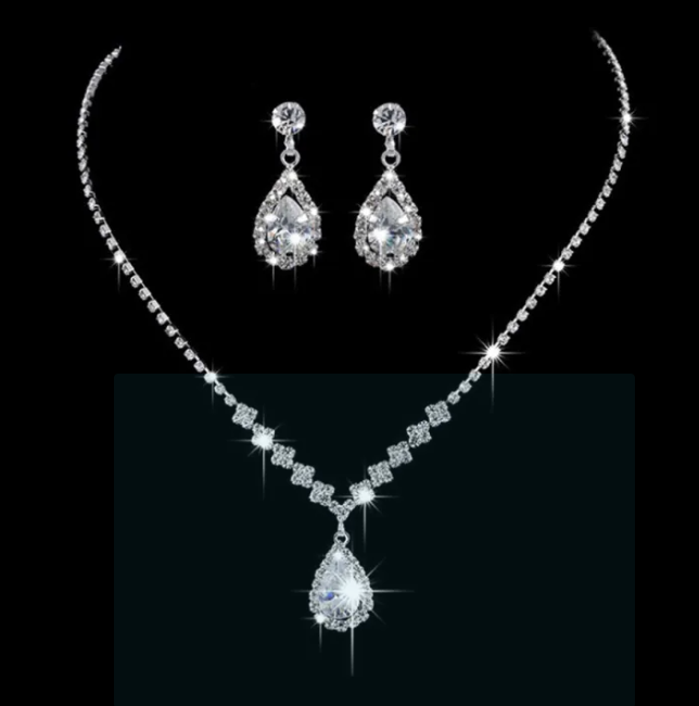 Vintage Crystal Waterdrop Pendant Necklace Earrings Silver Wedding Jewelry Set