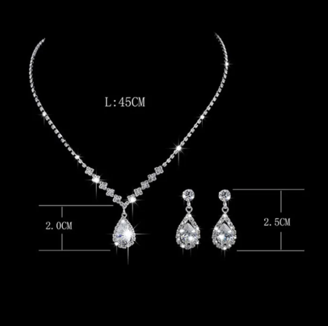 Vintage Crystal Waterdrop Pendant Necklace Earrings Silver Wedding Jewelry Set