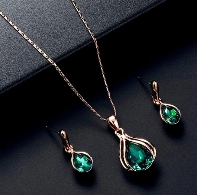 3PCS Rose Gold-color Necklace Earrings Green Crystal Glass Alloy Pendant