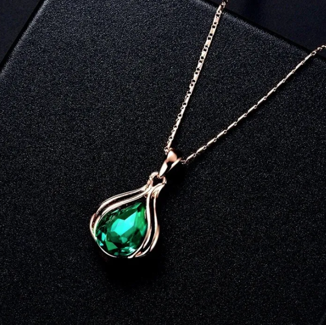 3PCS Rose Gold-color Necklace Earrings Green Crystal Glass Alloy Pendant