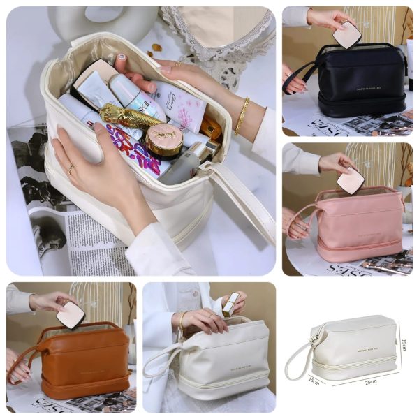 Multifunctional Double Layer Leather Travel Cosmetic Bag