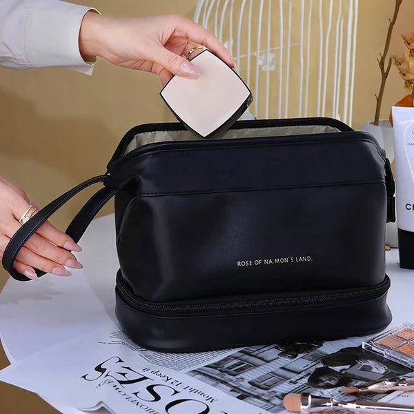 Multifunctional Double Layer Leather Travel Cosmetic Bag