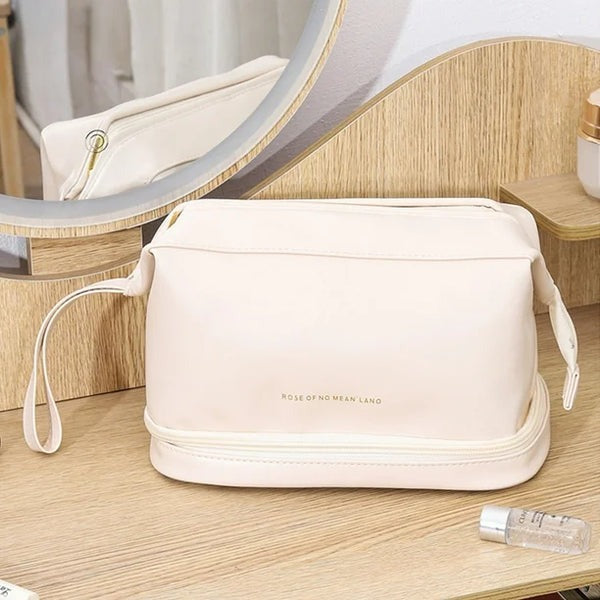 Multifunctional Double Layer Leather Travel Cosmetic Bag