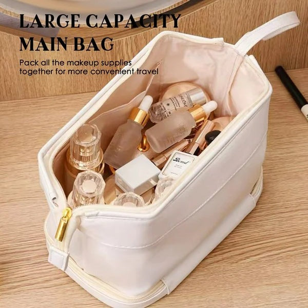 Multifunctional Double Layer Leather Travel Cosmetic Bag