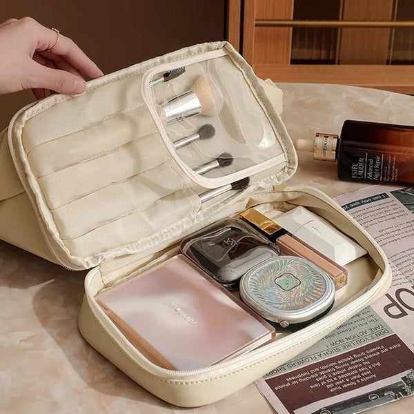 Multifunctional Double Layer Leather Travel Cosmetic Bag